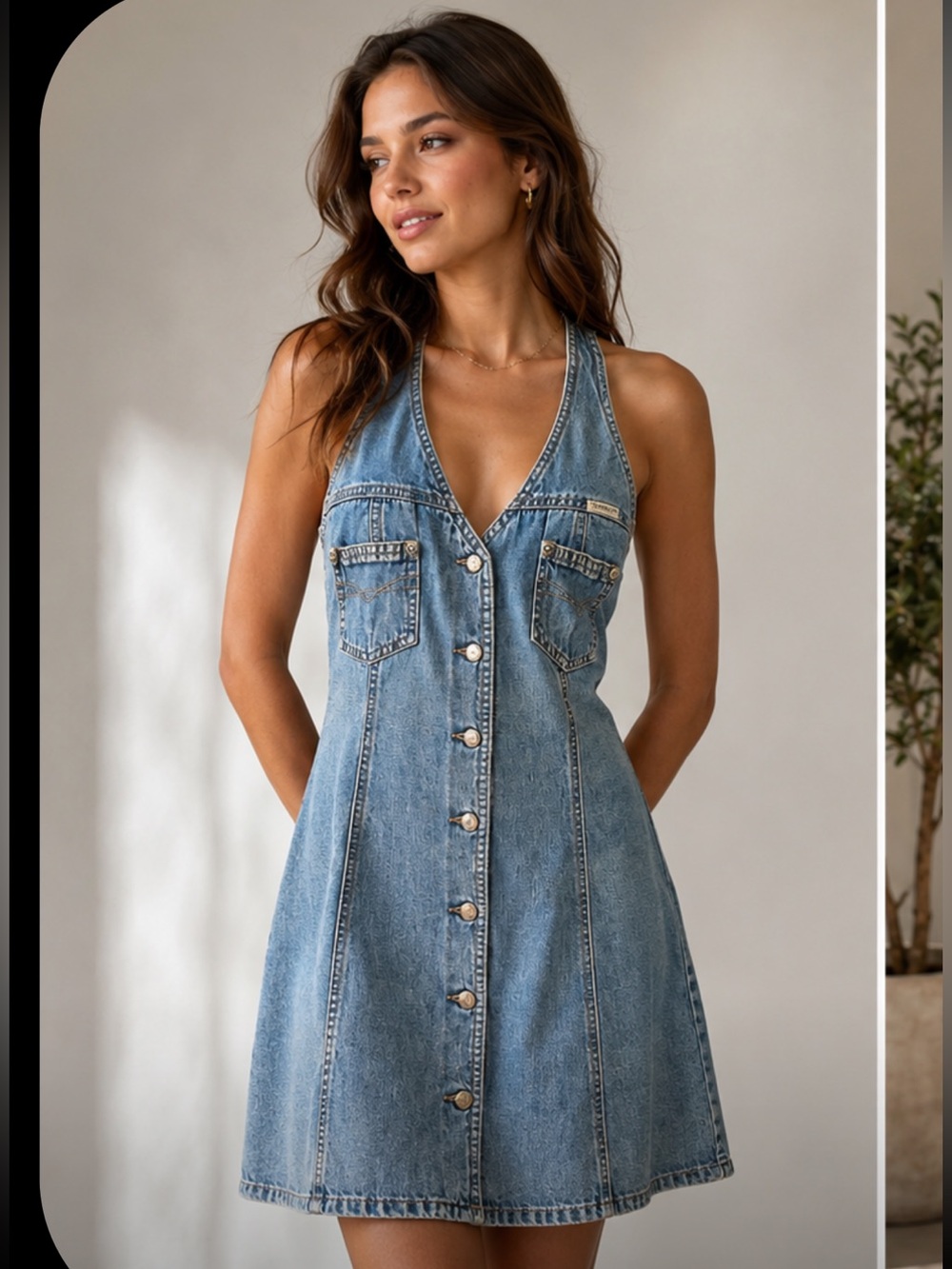 Z. CAVARICCI NATURALS Light Wash Denim Button-Front Pinafore Dress halter top